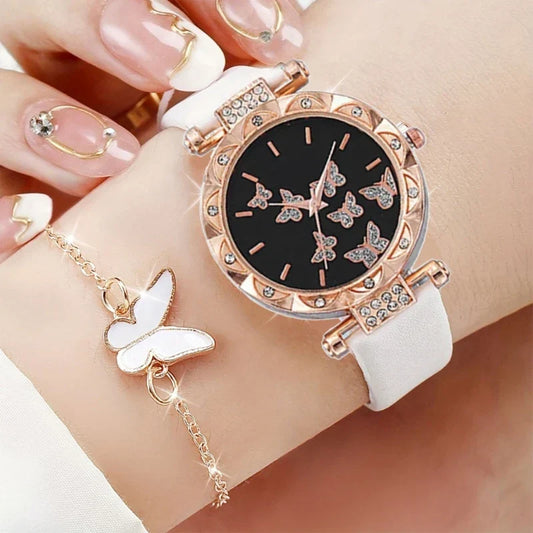 Butterfly Jewelry Set Watch Necklace Earrings Bracelet (White) - Chronos&Noble