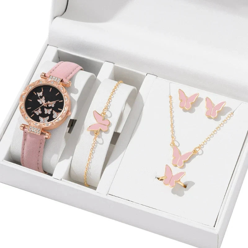 Butterfly Jewelry Set Watch Necklace Earrings Bracelet (Pink) - Chronos&Noble