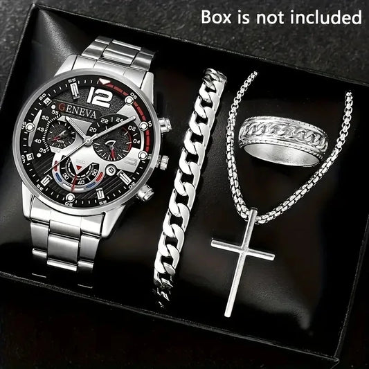 4PCS Men's Stainless Steel Quartz Watch Set (W118-C) - Chronos&Noble