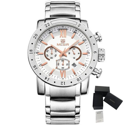 MEGIR Luxury Men's Business Watches Chronograph Waterproof Stainless Steel Quartz Watch Calendar Male Clock Reloj Hombre 3008-18