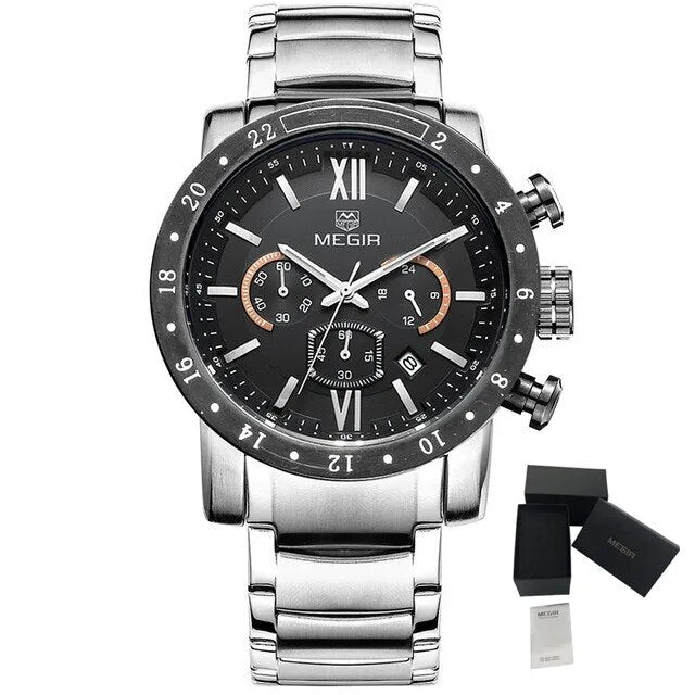 MEGIR Luxury Men's Business Watches Chronograph Waterproof Stainless Steel Quartz Watch Calendar Male Clock Reloj Hombre 3008-16