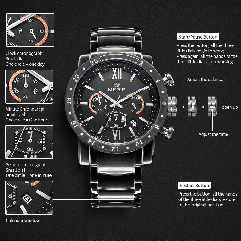 MEGIR Luxury Men's Business Watches Chronograph Waterproof Stainless Steel Quartz Watch Calendar Male Clock Reloj Hombre 3008-12