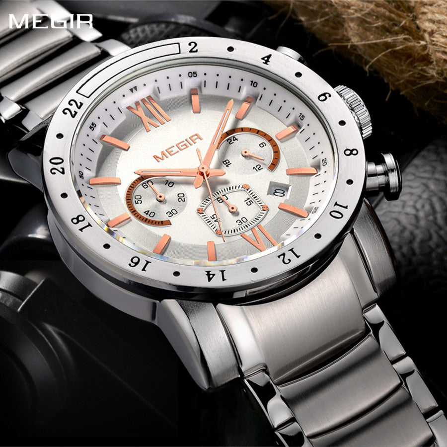 MEGIR Luxury Men's Business Watches Chronograph Waterproof Stainless Steel Quartz Watch Calendar Male Clock Reloj Hombre 3008-0