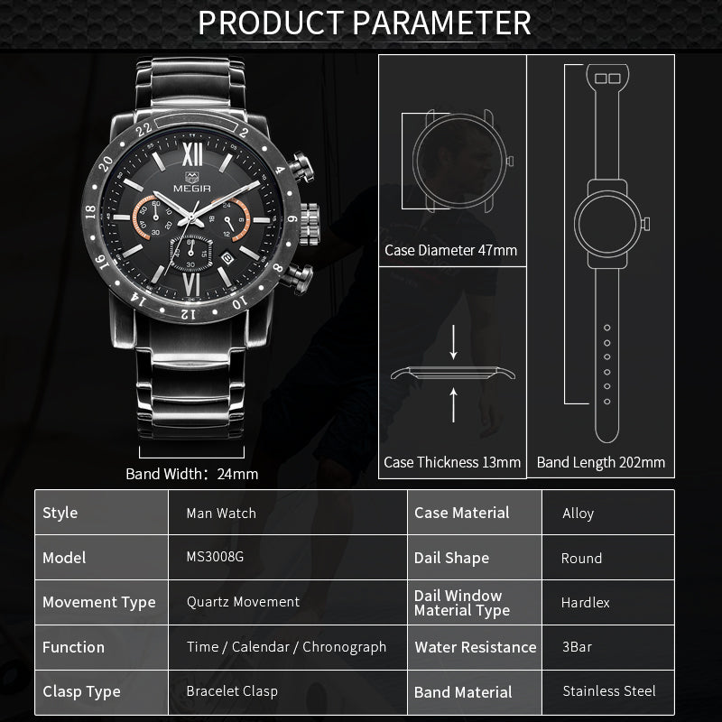 MEGIR Luxury Men's Business Watches Chronograph Waterproof Stainless Steel Quartz Watch Calendar Male Clock Reloj Hombre 3008-11