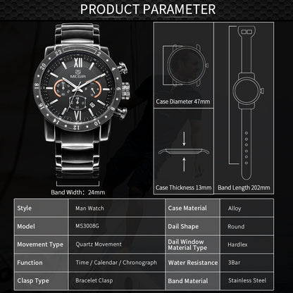 MEGIR Luxury Men's Business Watches Chronograph Waterproof Stainless Steel Quartz Watch Calendar Male Clock Reloj Hombre 3008-11