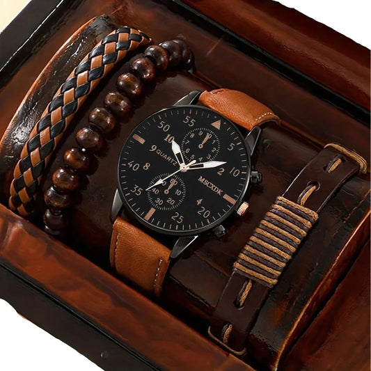 4pcs Men's Quartz Watch Set with Bracelets (Brown) - Chronos&Noble