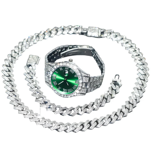 3pcs Mens Silver Watch Cuban Chain Bracelet Set (Green) - Chronos&Noble