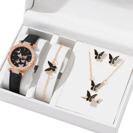 Butterfly Jewelry Set Watch Necklace Earrings Bracelet (Black) - Chronos&Noble