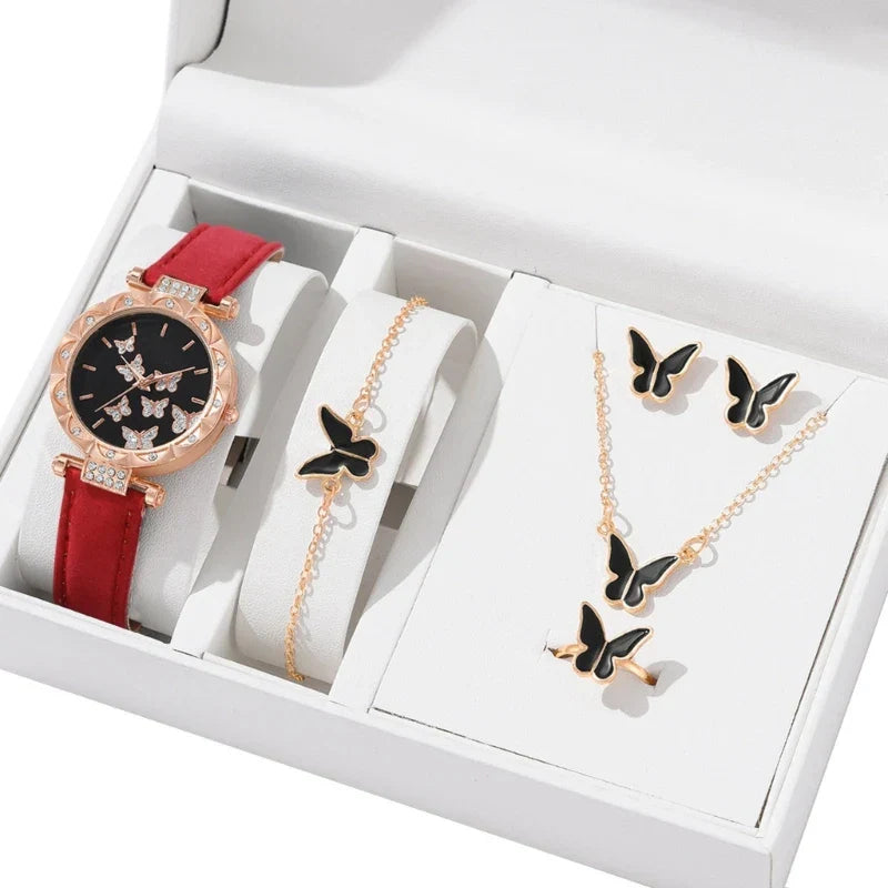 Butterfly Jewelry Set Watch Necklace Earrings Bracelet (Red) - Chronos&Noble
