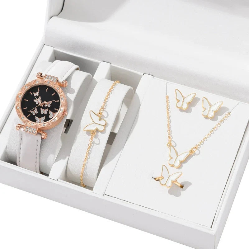 Butterfly Jewelry Set Watch Necklace Earrings Bracelet (White) - Chronos&Noble