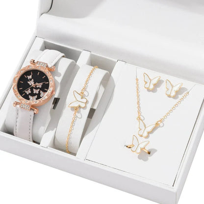 Butterfly Jewelry Set Watch Necklace Earrings Bracelet (White) - Chronos&Noble