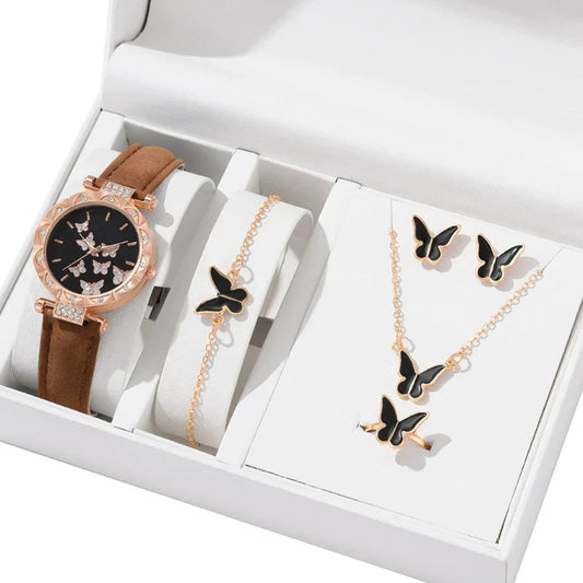 Butterfly Jewelry Set Watch Necklace Earrings Bracelet (Brown) - Chronos&Noble