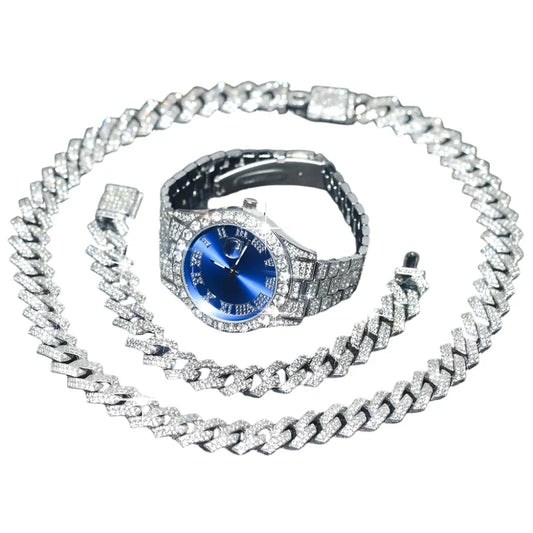 3pcs Mens Silver Watch Cuban Chain Bracelet Set (Blue) - Chronos&Noble