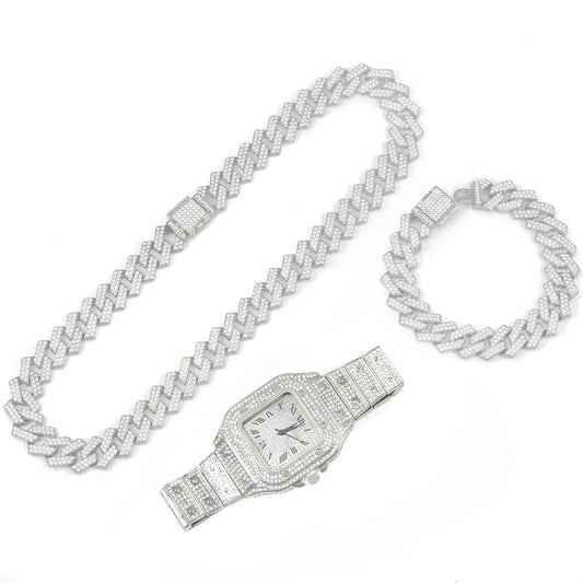 3pcs Men's Watch Set Square Watch Cuban Chain Bracelet (Silver) - Chronos&Noble
